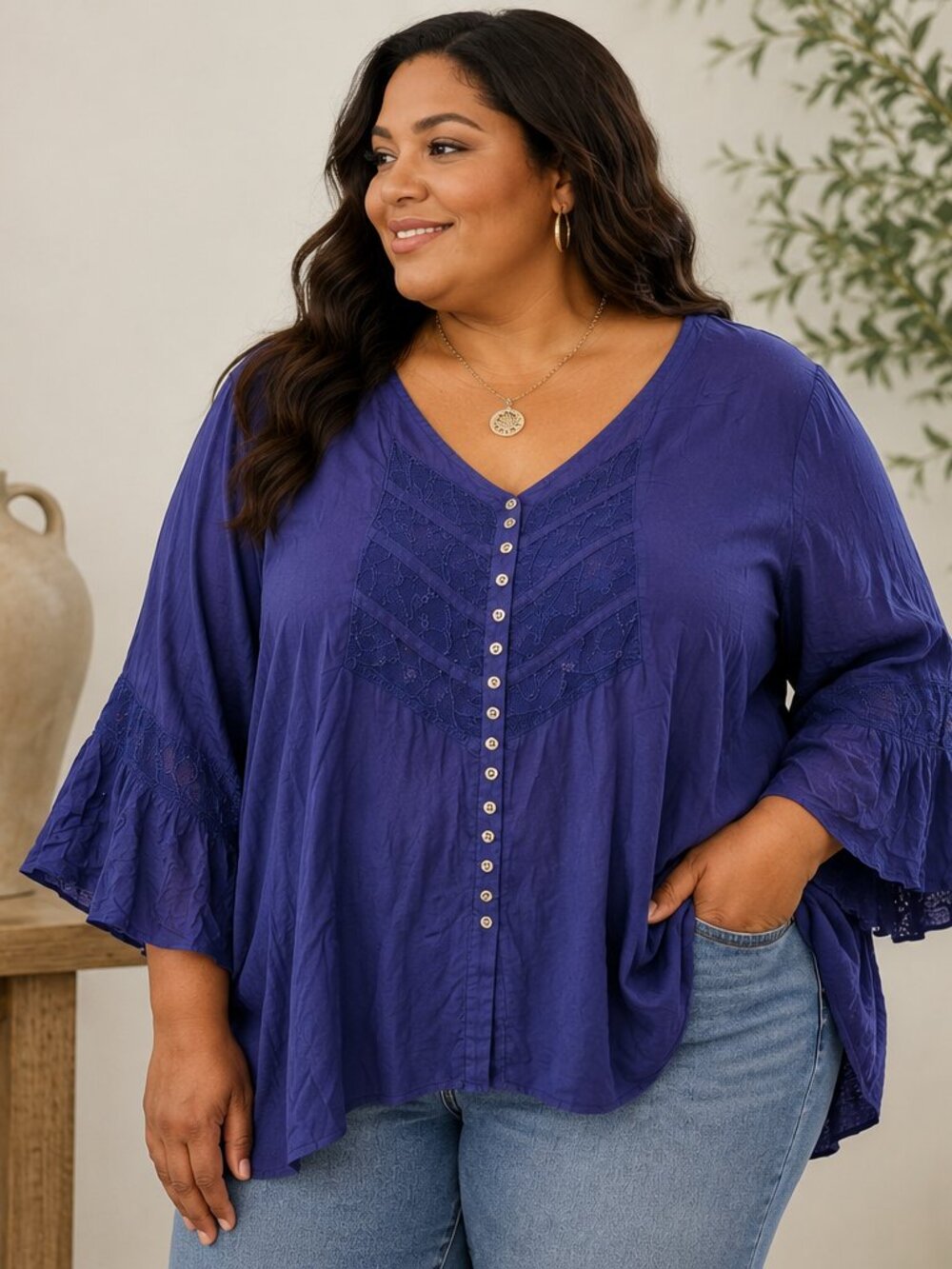 Denim Assymetrical Top Women’s Plus Sz 26 Blue 3/4 Bell Sleeve Rena‎ Fairy